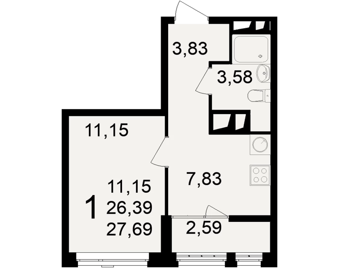 Однокомнатная квартира площадью 27.69м2